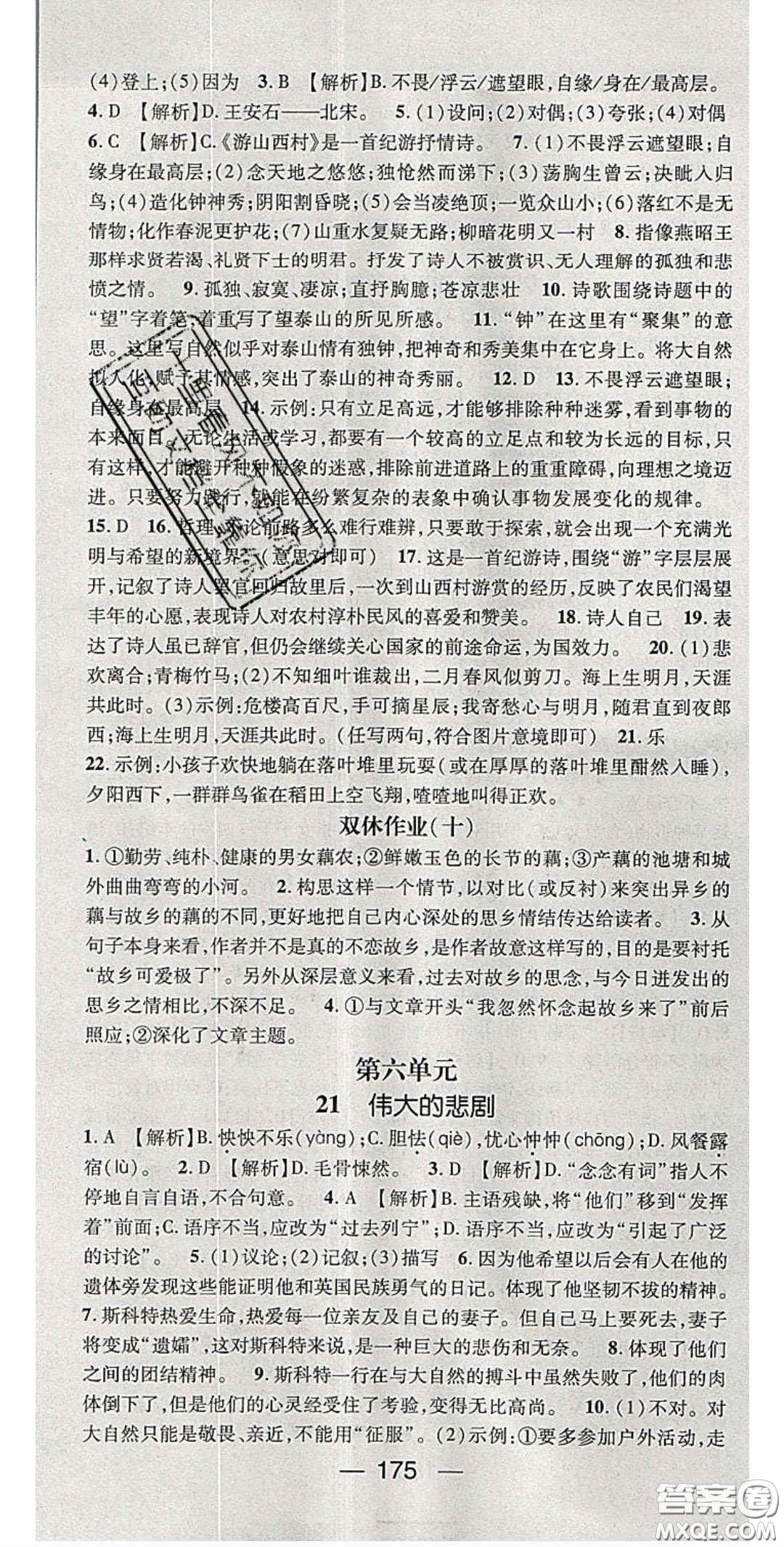 陽光出版社2020精英新課堂七年級語文下冊人教版答案