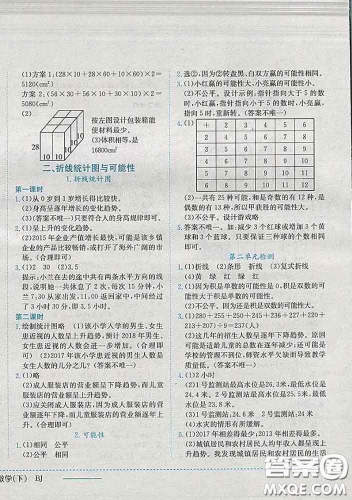2020春黃岡小狀元作業(yè)本五年級(jí)數(shù)學(xué)下冊(cè)北京版答案