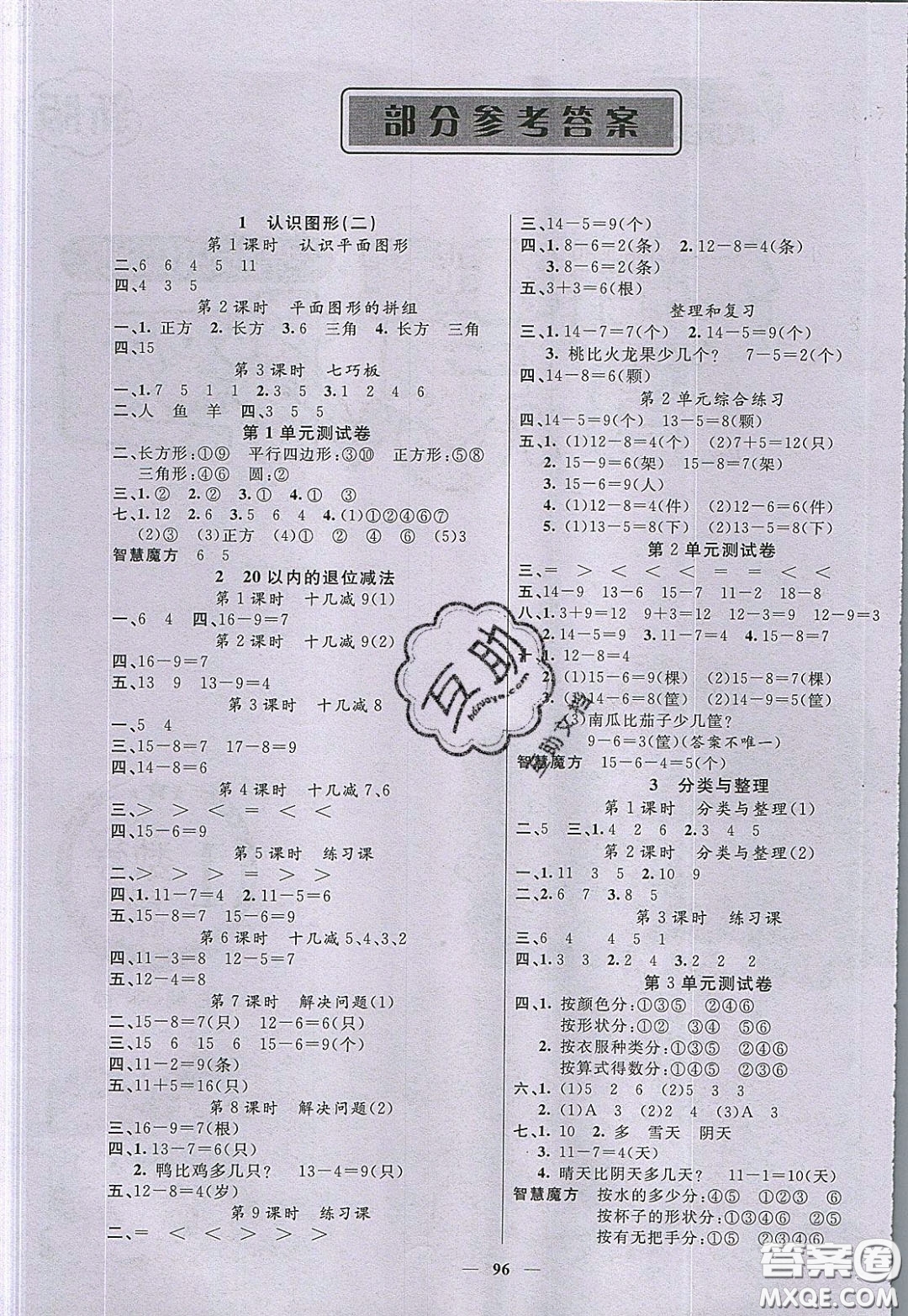 2020年智慧樹(shù)同步講練測(cè)數(shù)學(xué)一年級(jí)下冊(cè)人教版參考答案