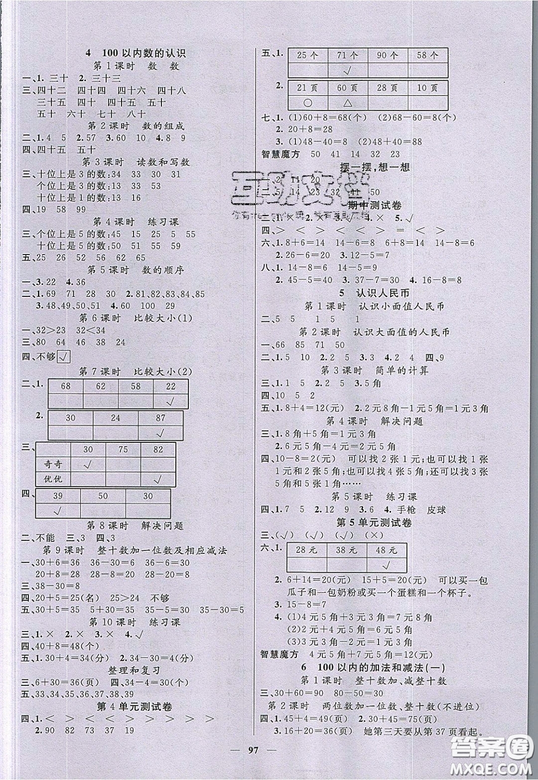 2020年智慧樹(shù)同步講練測(cè)數(shù)學(xué)一年級(jí)下冊(cè)人教版參考答案