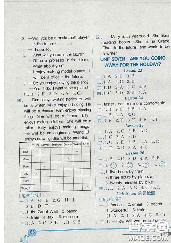 2020新版北京版黃岡小狀元作業(yè)本五年級(jí)英語(yǔ)下冊(cè)答案