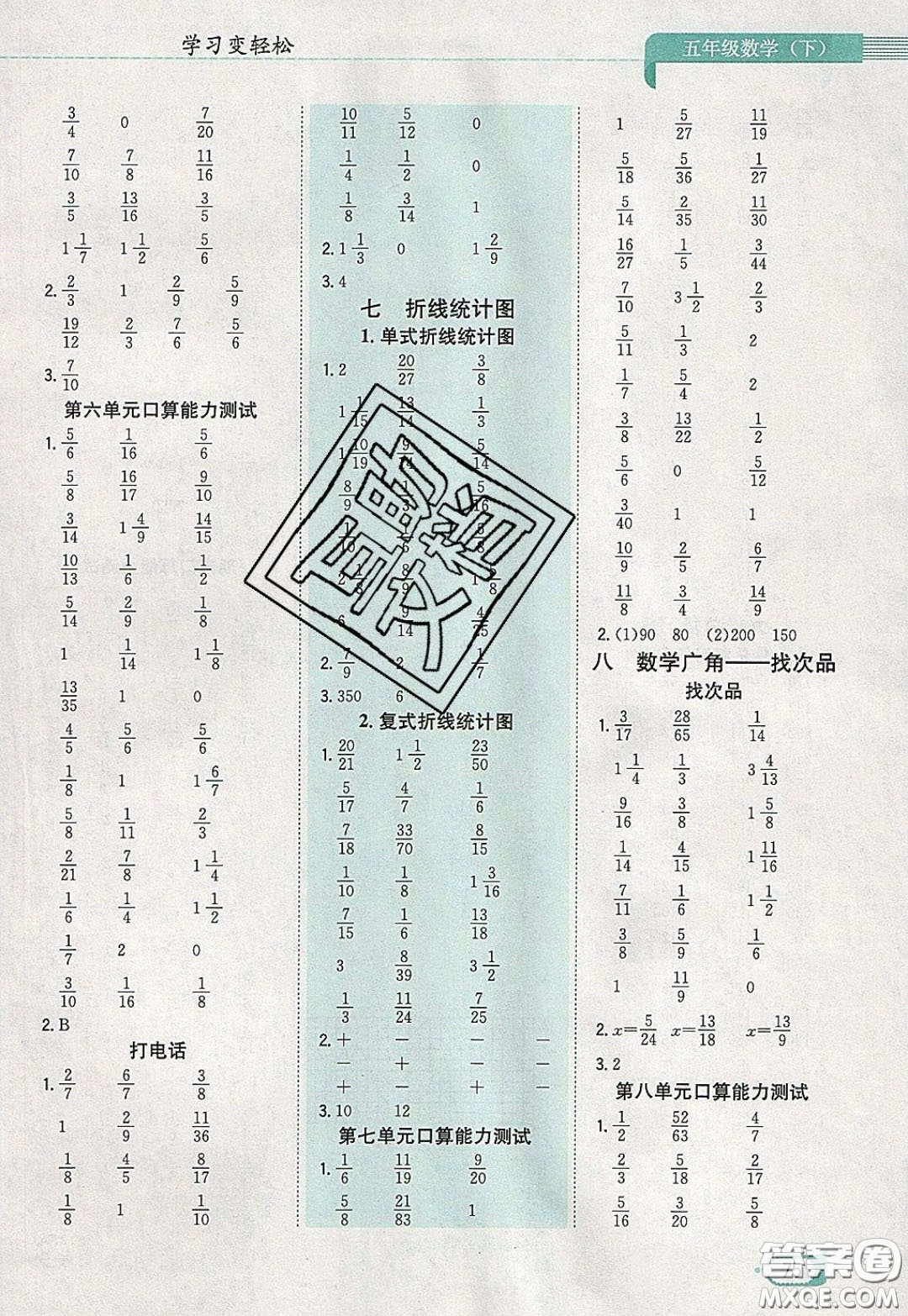 陜西人民教育出版社2020年口算一本通五年級數(shù)學下人教版RJ版參考答案