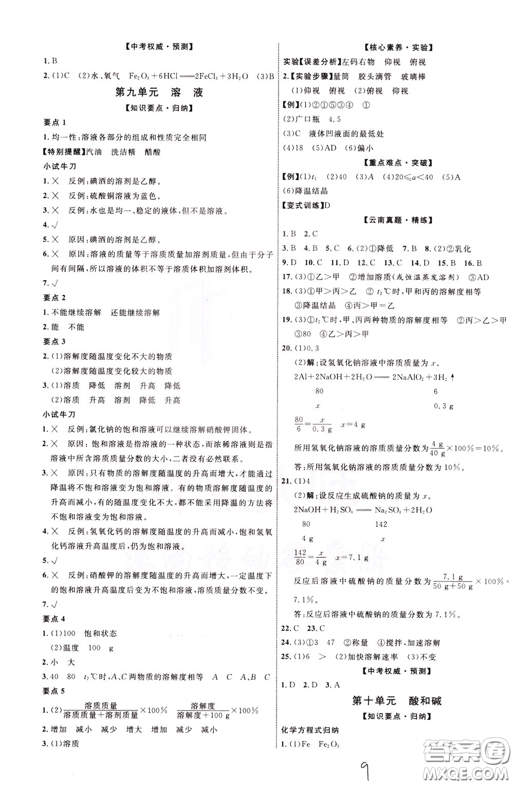 2020升級版云南中考新突破化學(xué)參考答案