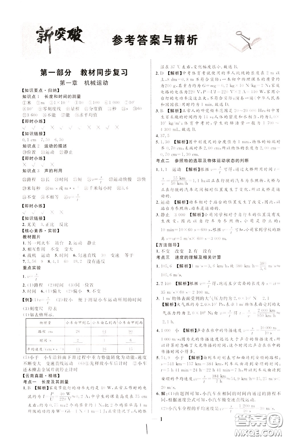 2020升級(jí)版云南中考新突破物理參考答案