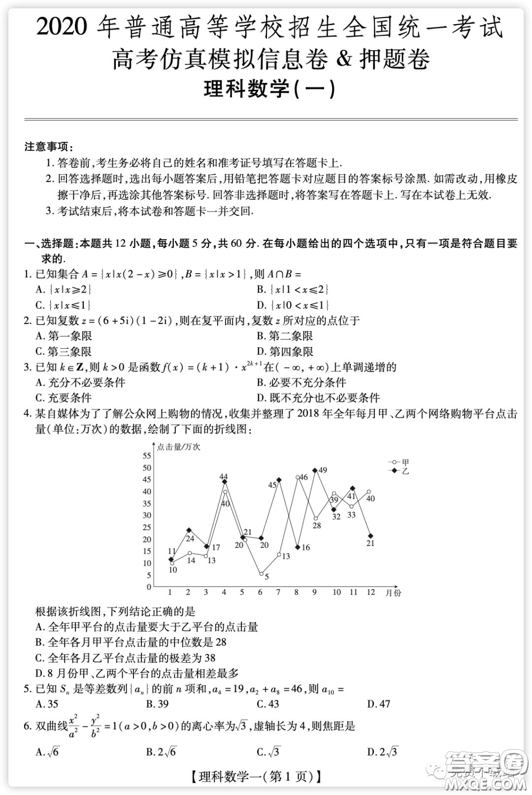 2020年普通高等學校招生全國統(tǒng)一考試高考仿真模擬信息卷押題卷一理科數(shù)學試題及答案