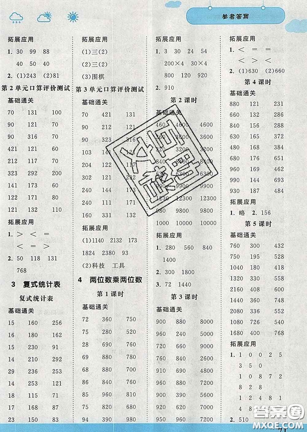 中國地圖出版社2020春金博優(yōu)口算課時通三年級數(shù)學下冊人教版答案