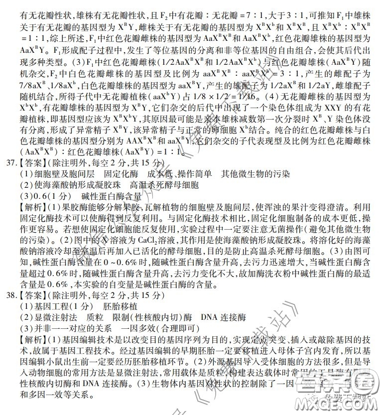 2020年普通高等學(xué)校招生全國(guó)統(tǒng)一考試高考仿真模擬信息卷押題卷一生物答案