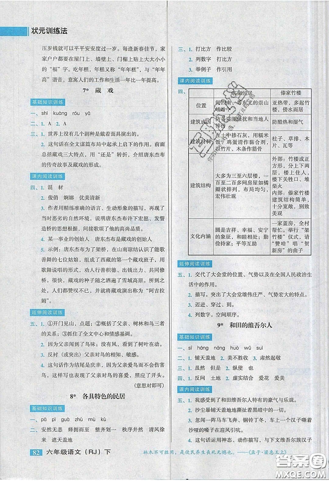 2020狀元訓練法課時同步練測六年級語文下冊人教版答案