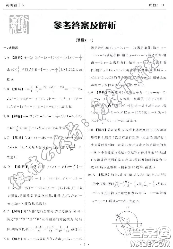 2020屆衡水金卷先享題調(diào)研卷一理科數(shù)學(xué)答案