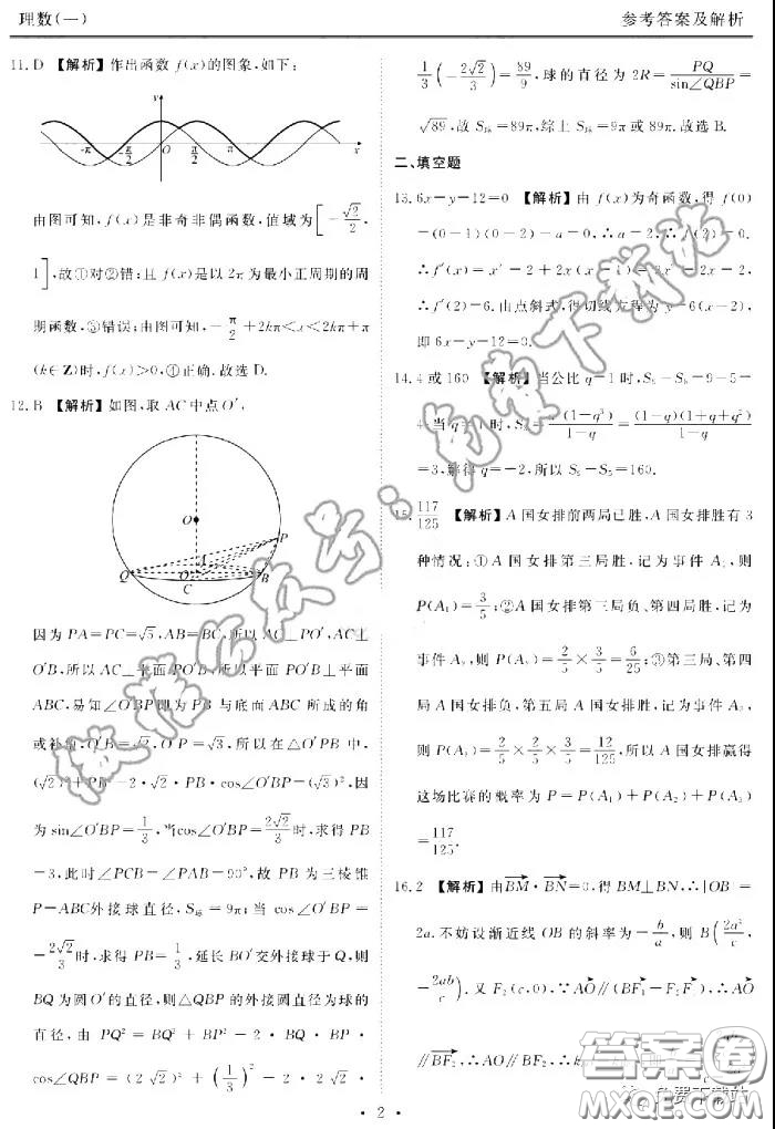 2020屆衡水金卷先享題調(diào)研卷一理科數(shù)學(xué)答案