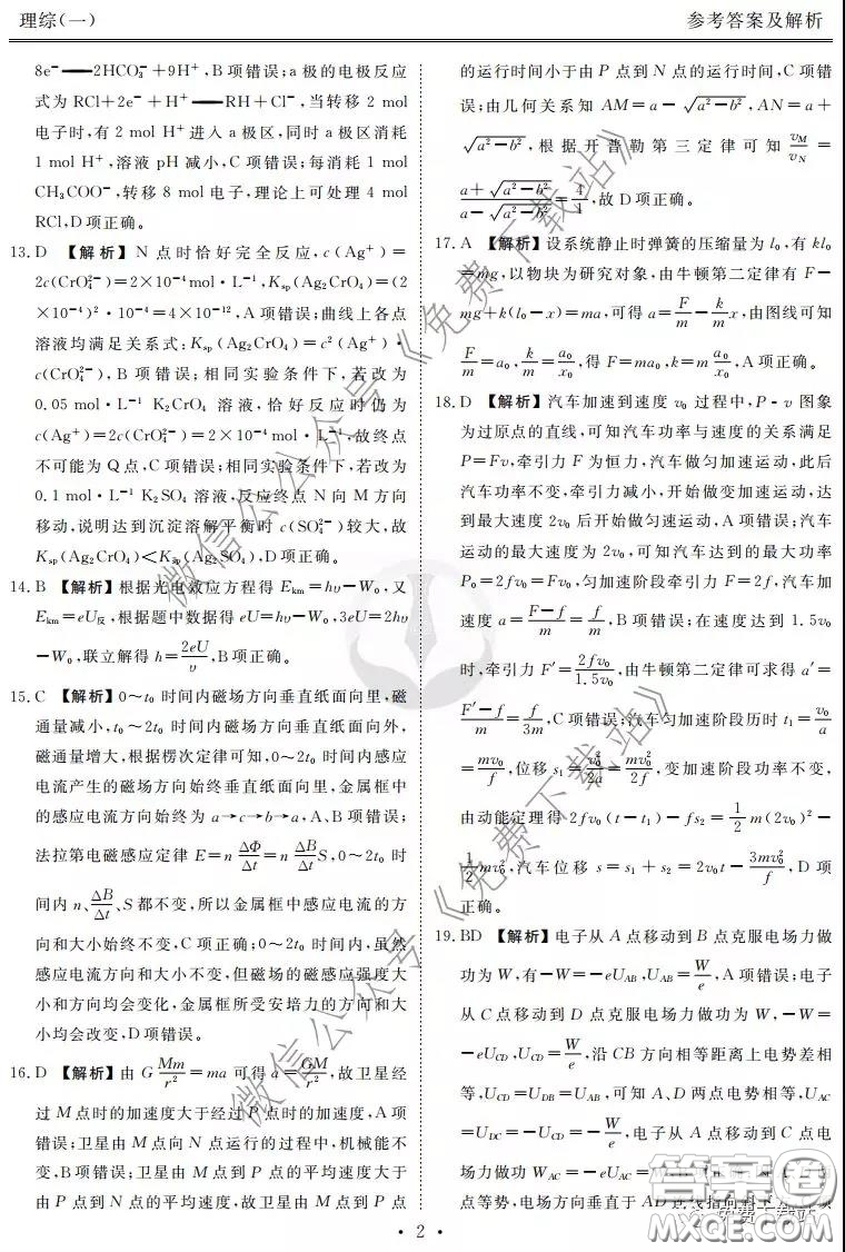 2020屆衡水金卷先享題調(diào)研卷一理科綜合答案