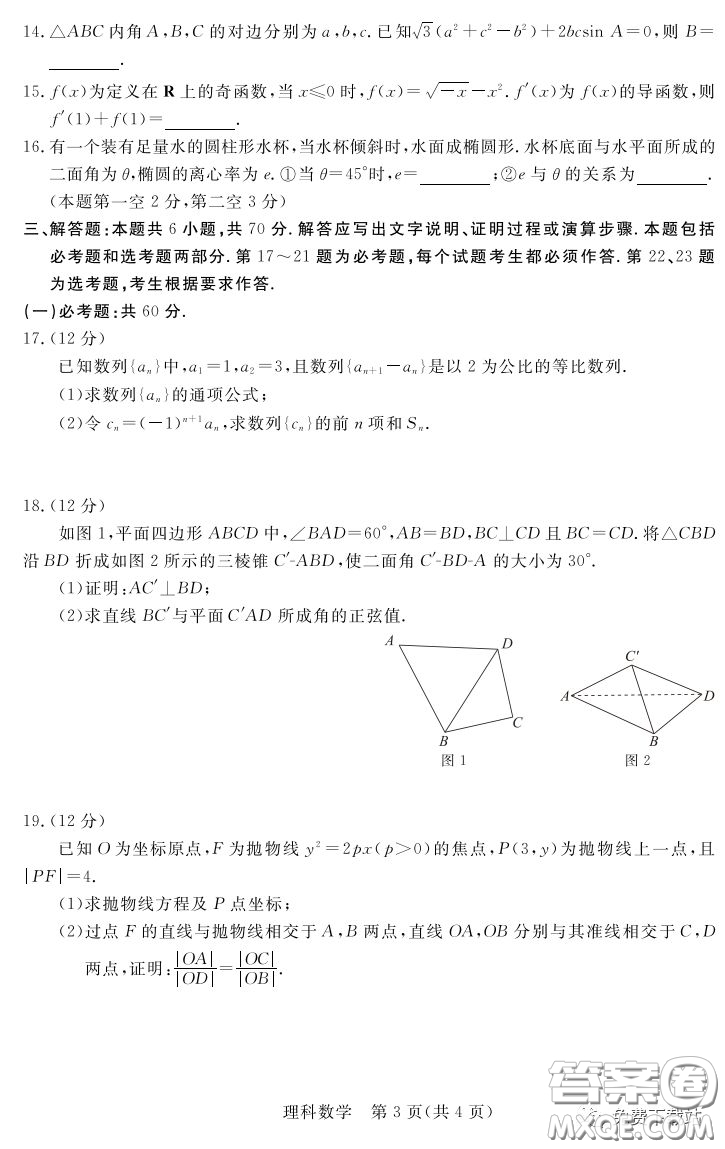 2020年湛江市高三網(wǎng)絡(luò)教學(xué)訓(xùn)練題二理科數(shù)學(xué)題及答案
