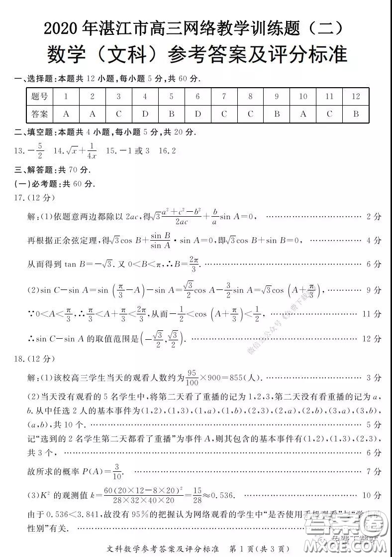 2020年湛江市高三網(wǎng)絡(luò)教學訓練題二文科數(shù)學題及答案