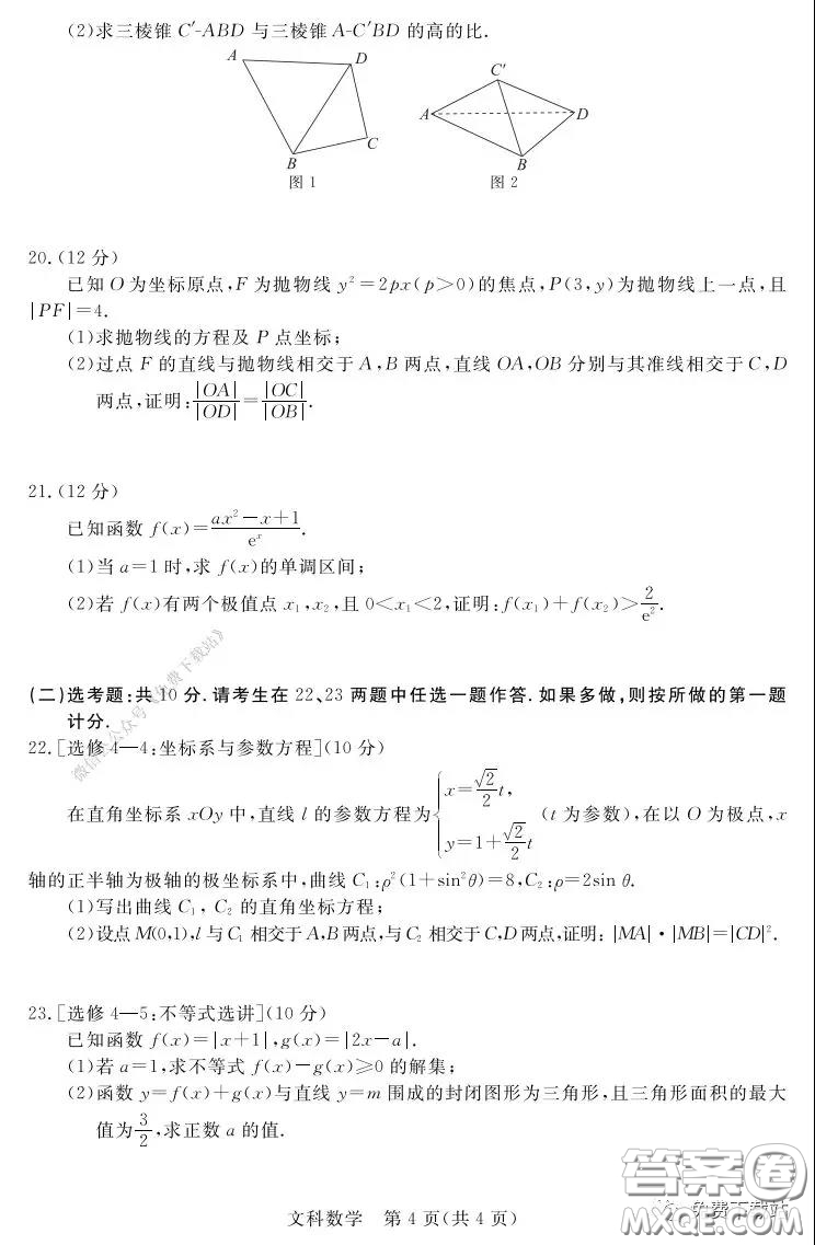 2020年湛江市高三網(wǎng)絡(luò)教學訓練題二文科數(shù)學題及答案