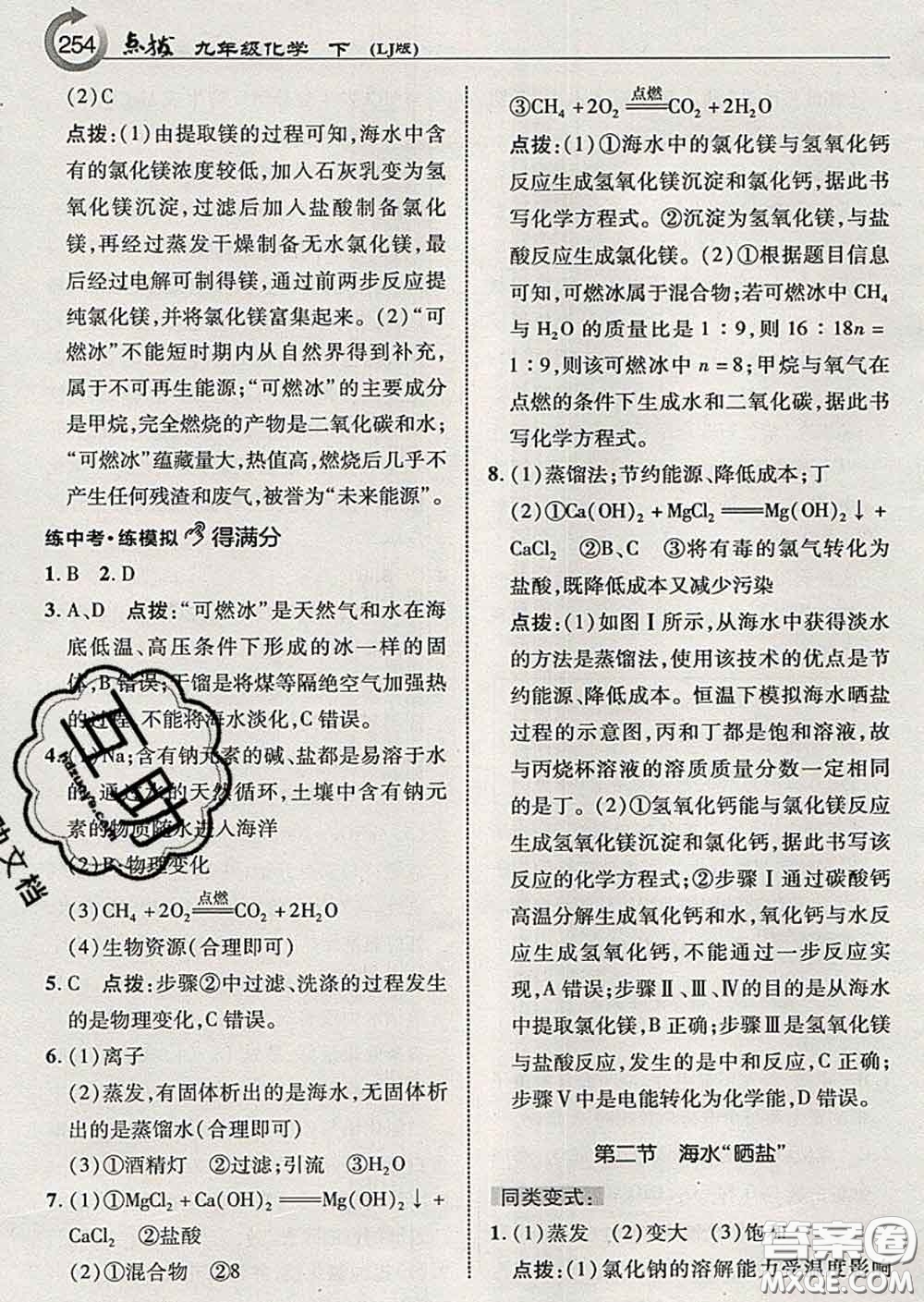 吉林教育出版社2020春特高級教師點撥九年級化學下冊魯教版答案
