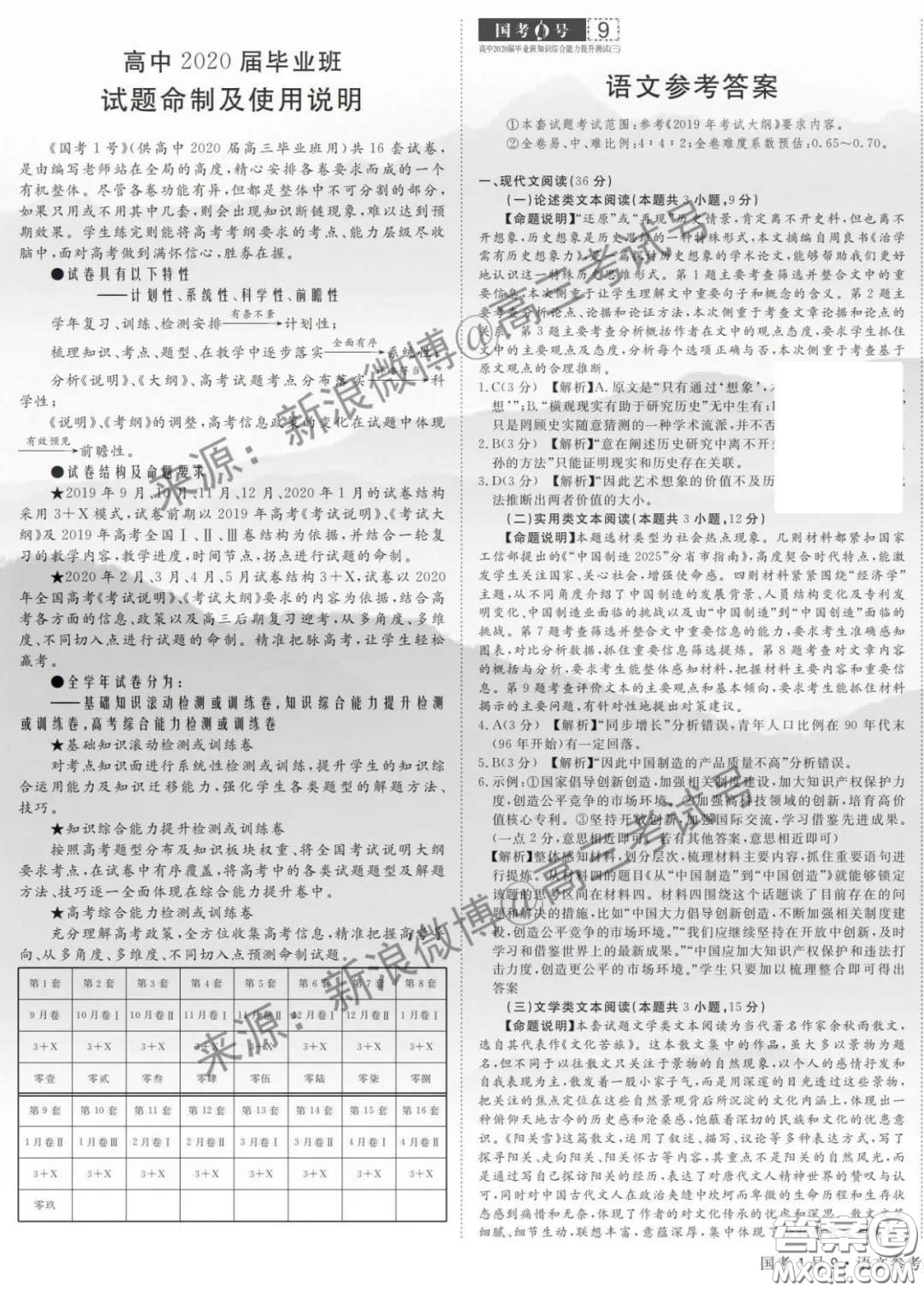 國(guó)考1號(hào)9高中2020屆畢業(yè)班知識(shí)綜合能力提升測(cè)試語(yǔ)文答案