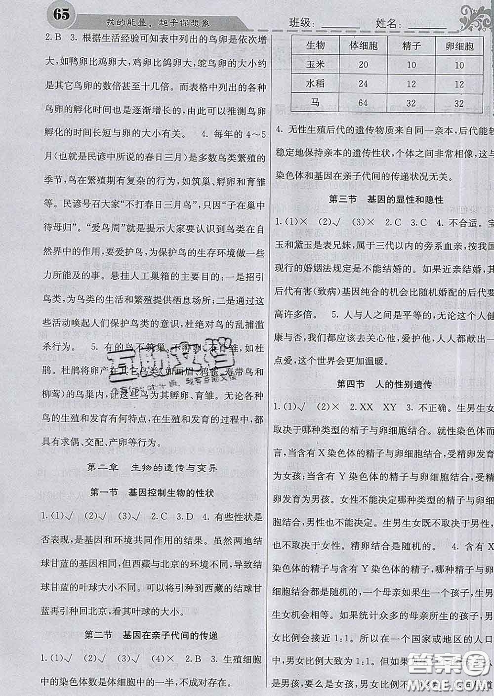 梯田文化2020春課堂點(diǎn)睛八年級(jí)生物下冊(cè)人教版答案