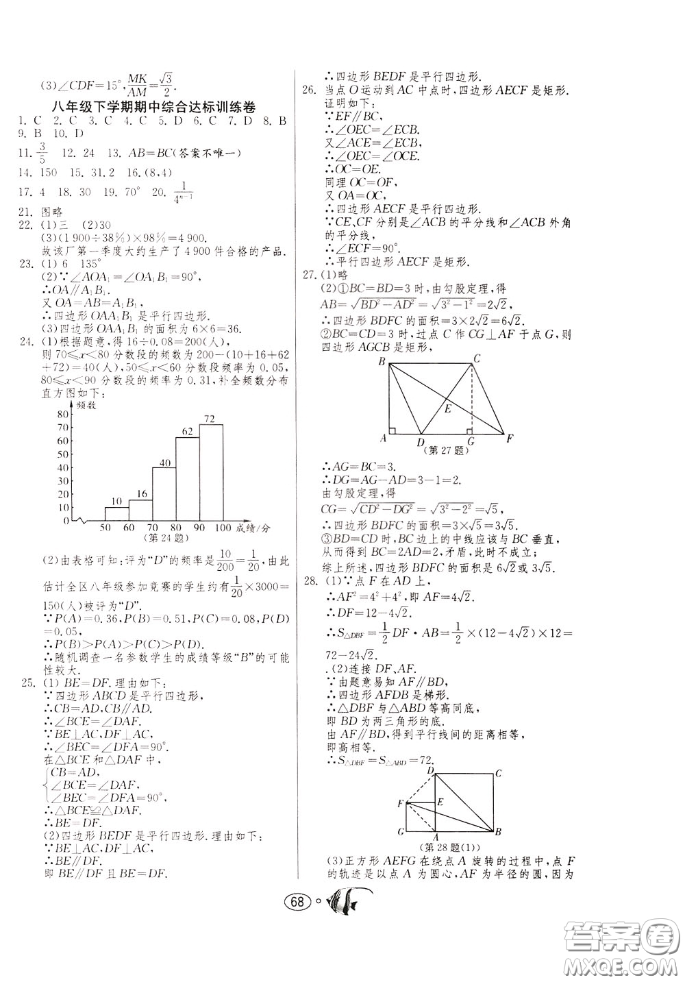 2020年考必勝名牌牛匹卷提優(yōu)名卷數(shù)學八年級下冊JSKJ江蘇科教版參考答案