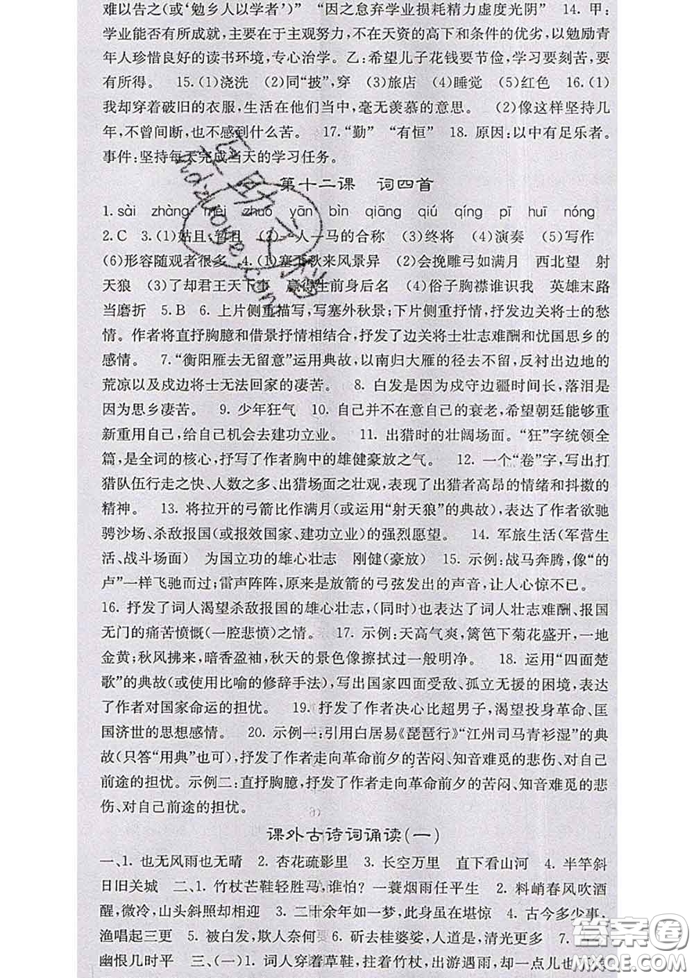 梯田文化2020春課堂點睛九年級語文下冊人教版安徽答案