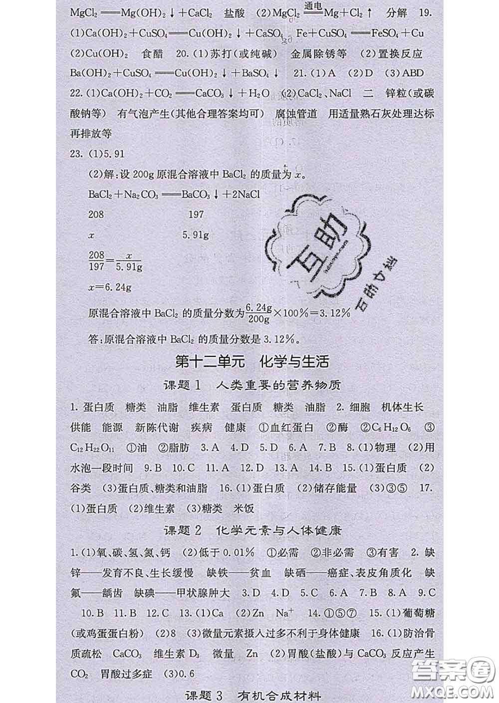 梯田文化2020春課堂點(diǎn)睛九年級(jí)化學(xué)下冊(cè)人教版答案