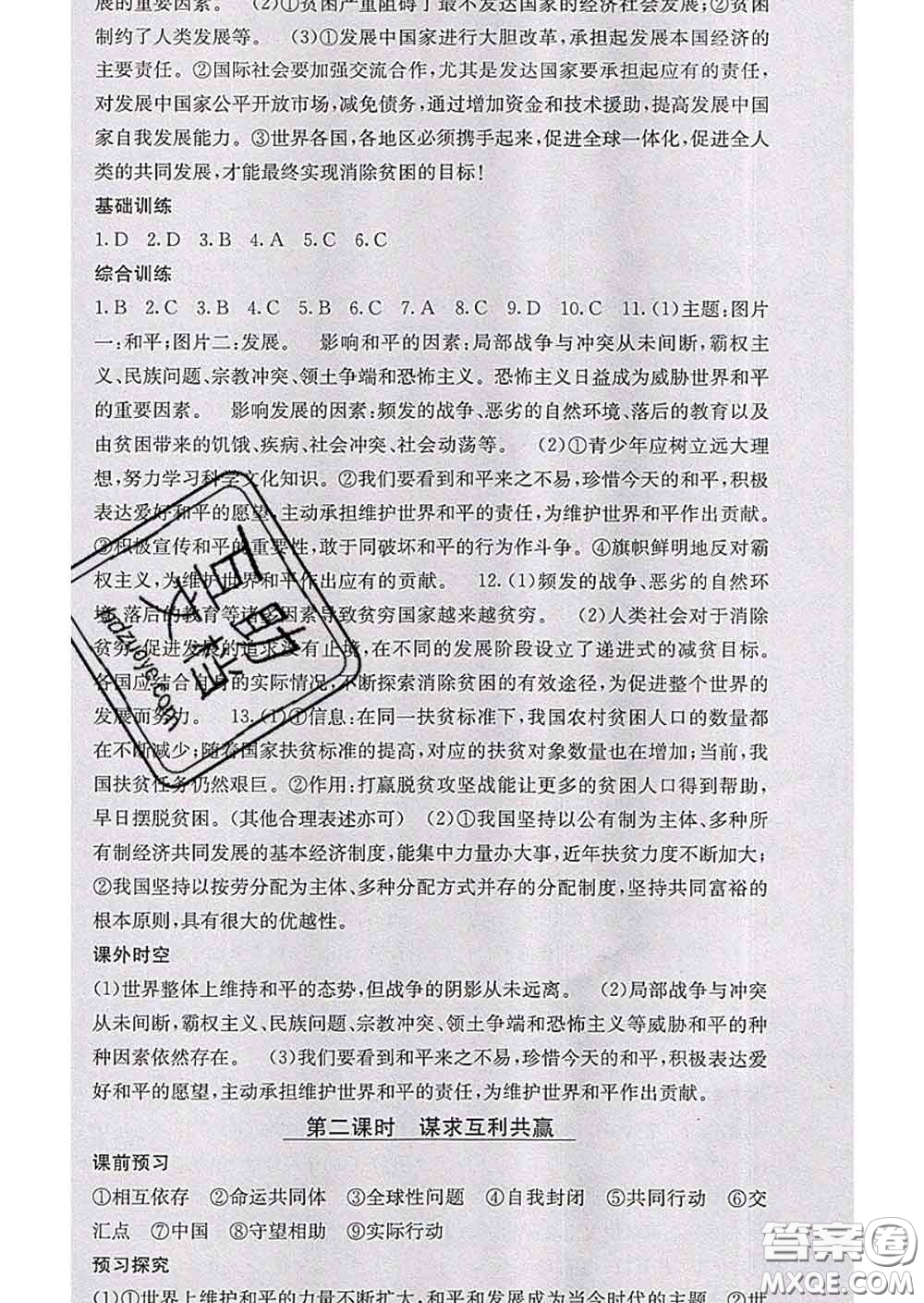 梯田文化2020春課堂點睛九年級政治下冊人教版答案