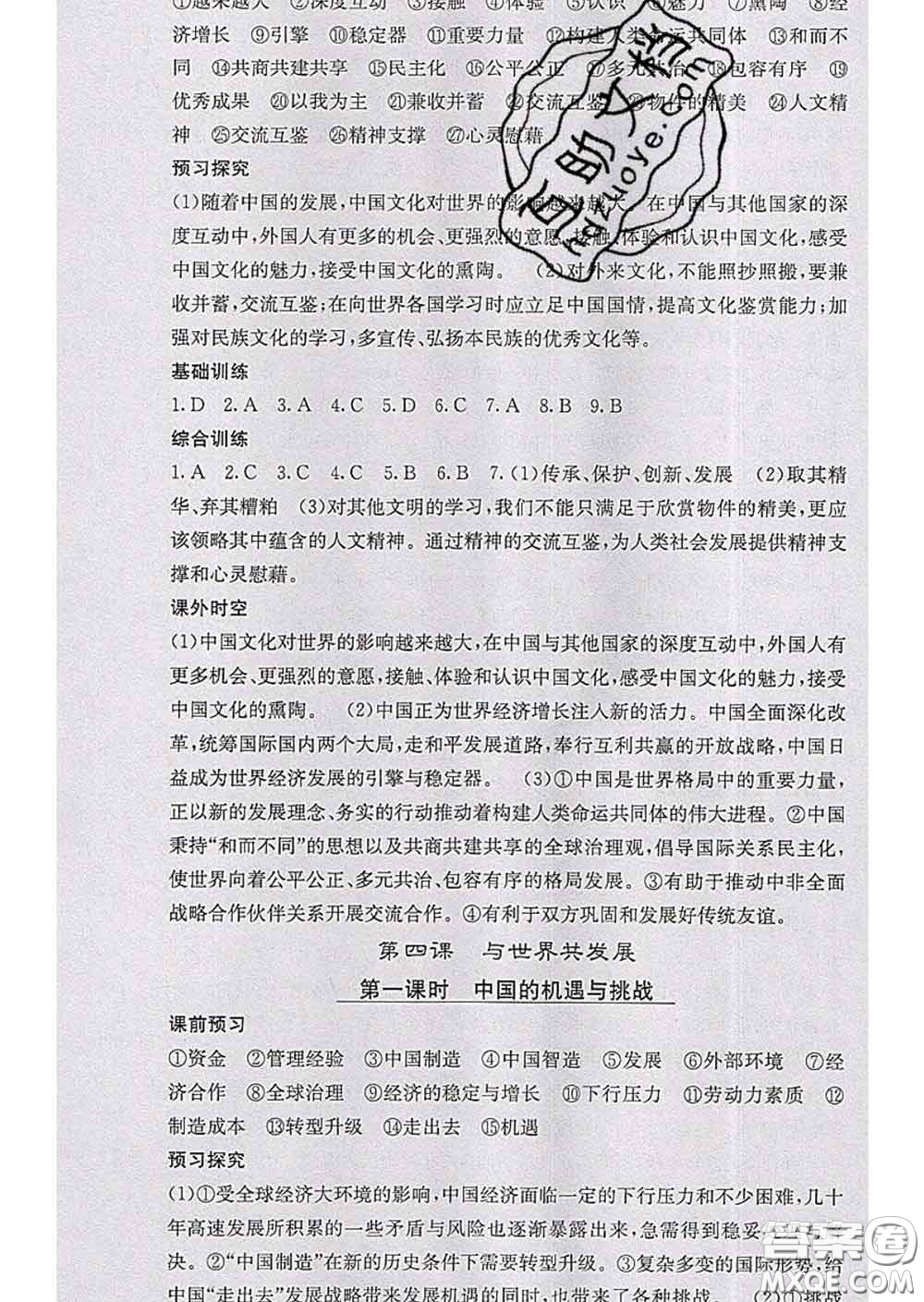 梯田文化2020春課堂點睛九年級政治下冊人教版答案