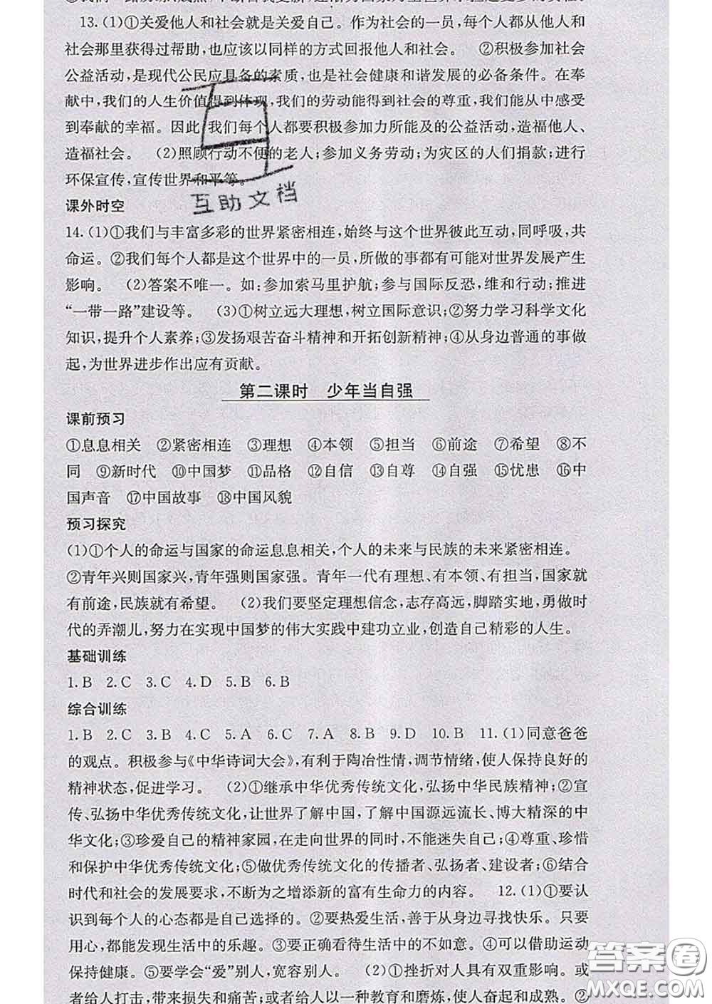 梯田文化2020春課堂點睛九年級政治下冊人教版答案