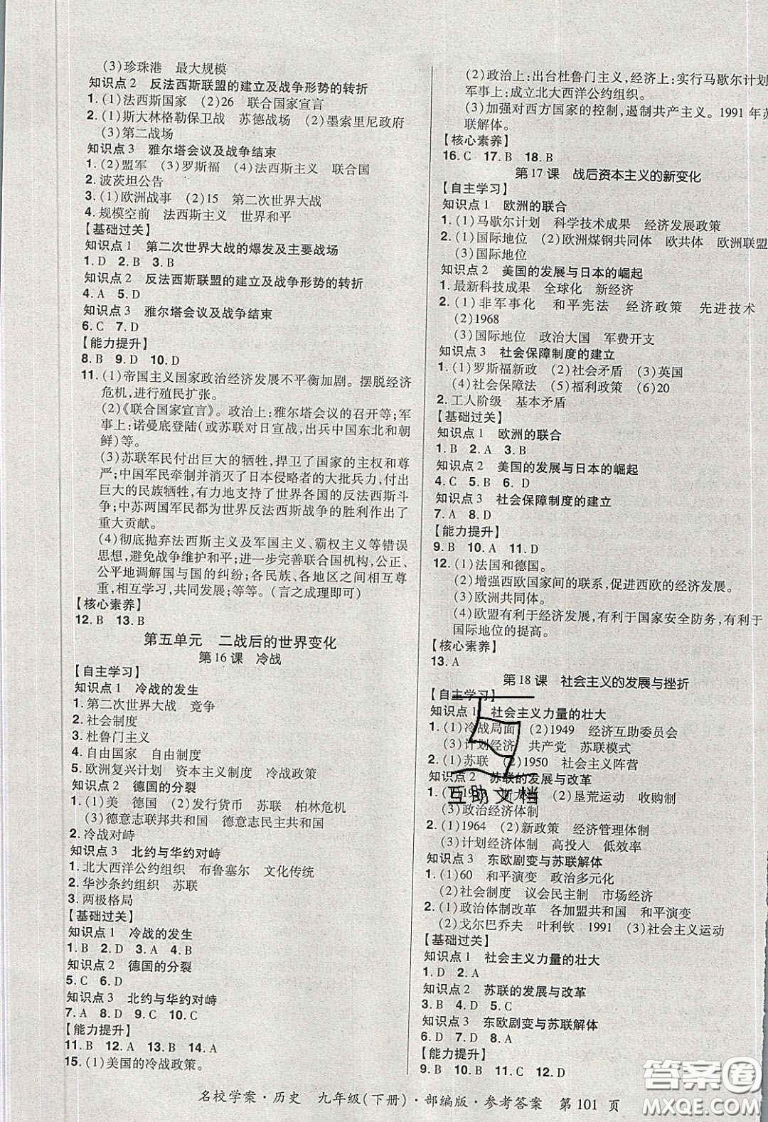 2020年國華作業(yè)本名校學(xué)案九年級(jí)歷史下冊(cè)人教版答案