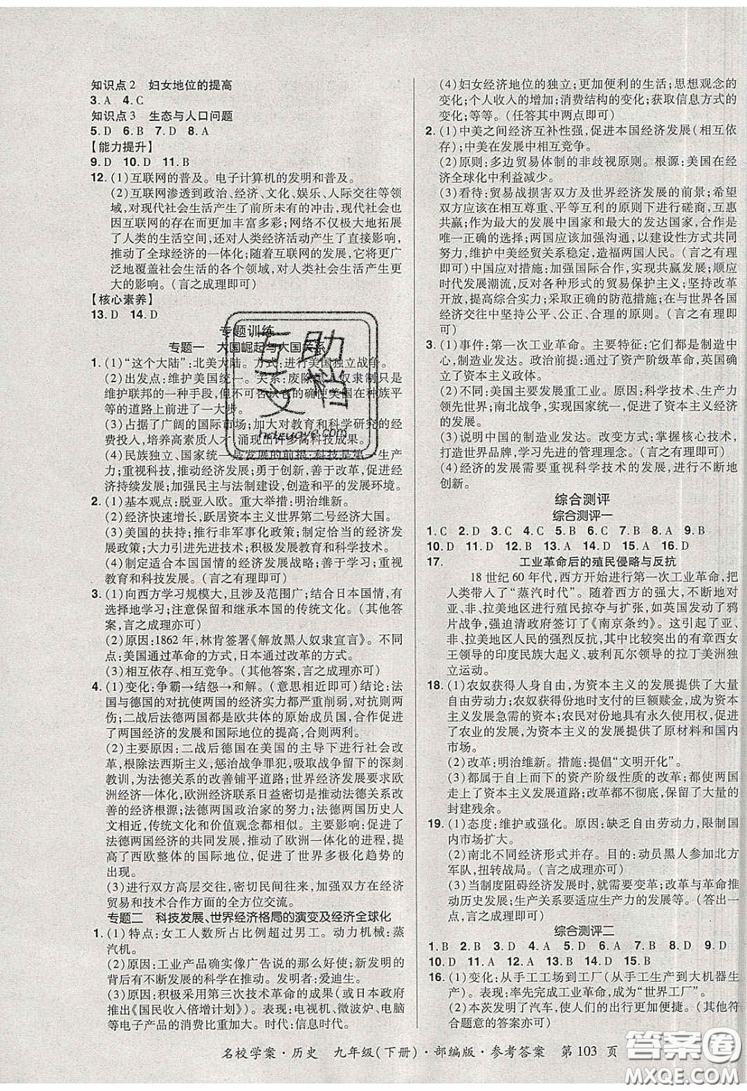 2020年國華作業(yè)本名校學(xué)案九年級(jí)歷史下冊(cè)人教版答案