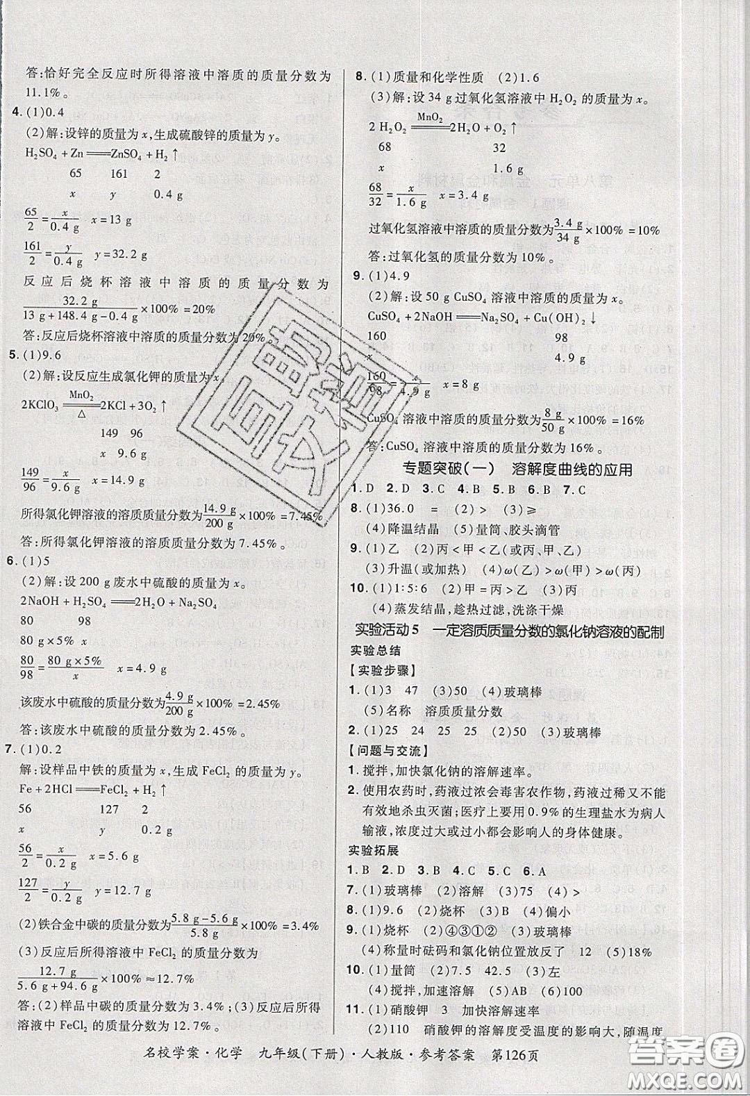 2020年國華作業(yè)本名校學(xué)案九年級化學(xué)下冊人教版答案