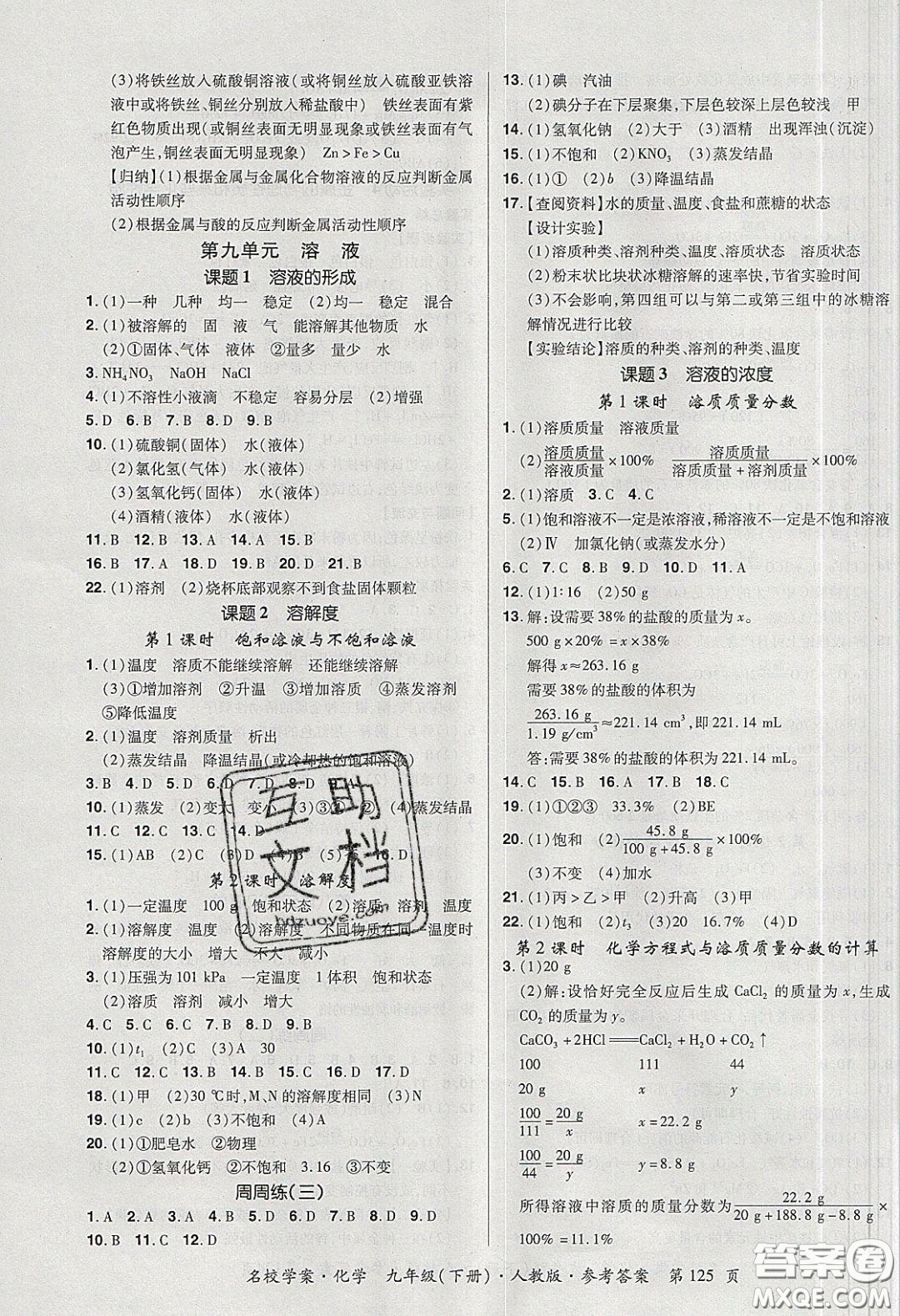 2020年國華作業(yè)本名校學(xué)案九年級化學(xué)下冊人教版答案