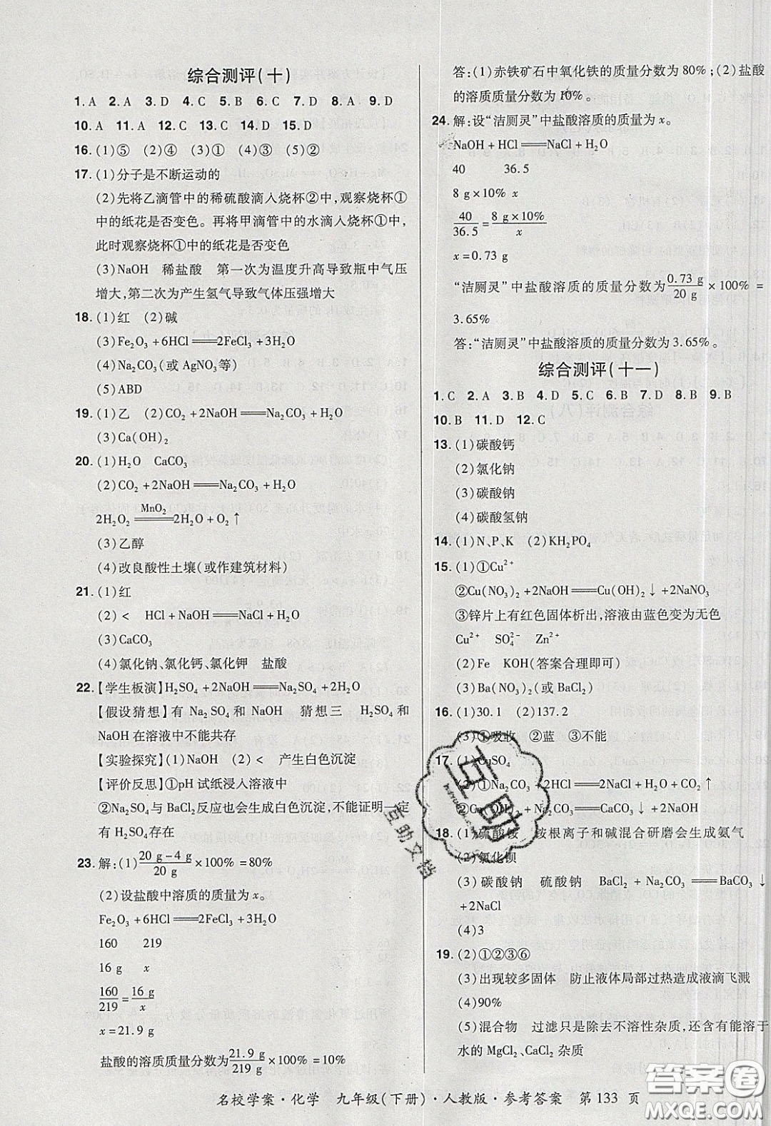 2020年國華作業(yè)本名校學(xué)案九年級化學(xué)下冊人教版答案