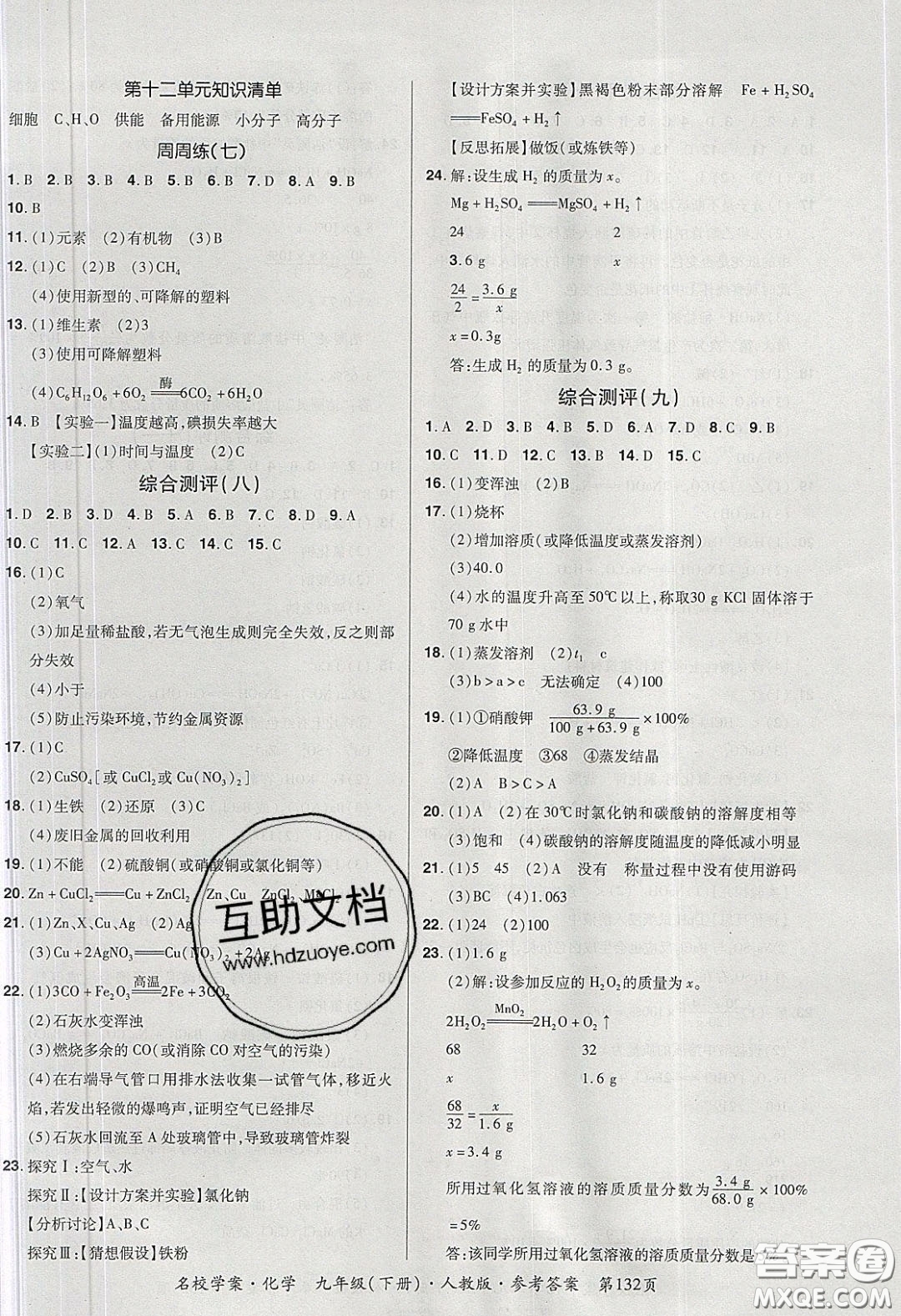 2020年國華作業(yè)本名校學(xué)案九年級化學(xué)下冊人教版答案
