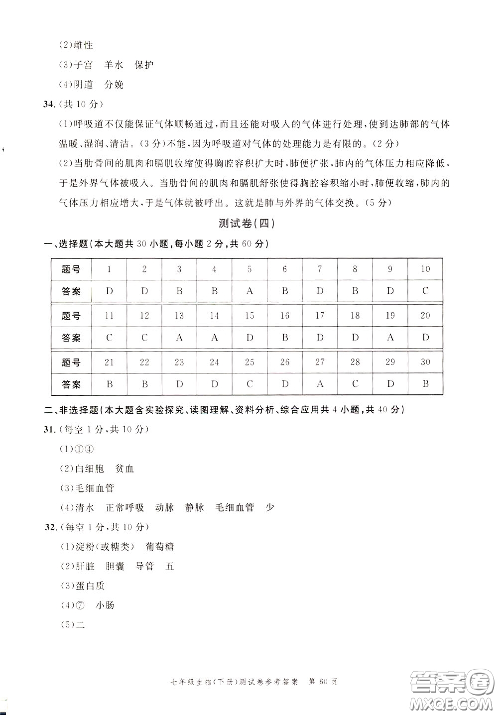 南粵學(xué)典2020年名師金典測試卷生物七年級下冊R人教版參考答案
