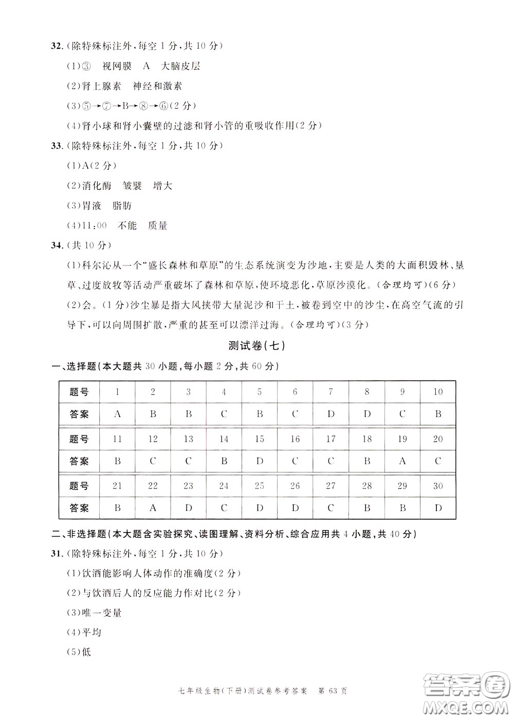 南粵學(xué)典2020年名師金典測試卷生物七年級下冊R人教版參考答案