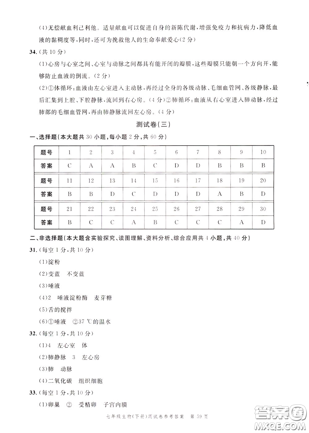 南粵學(xué)典2020年名師金典測試卷生物七年級下冊R人教版參考答案