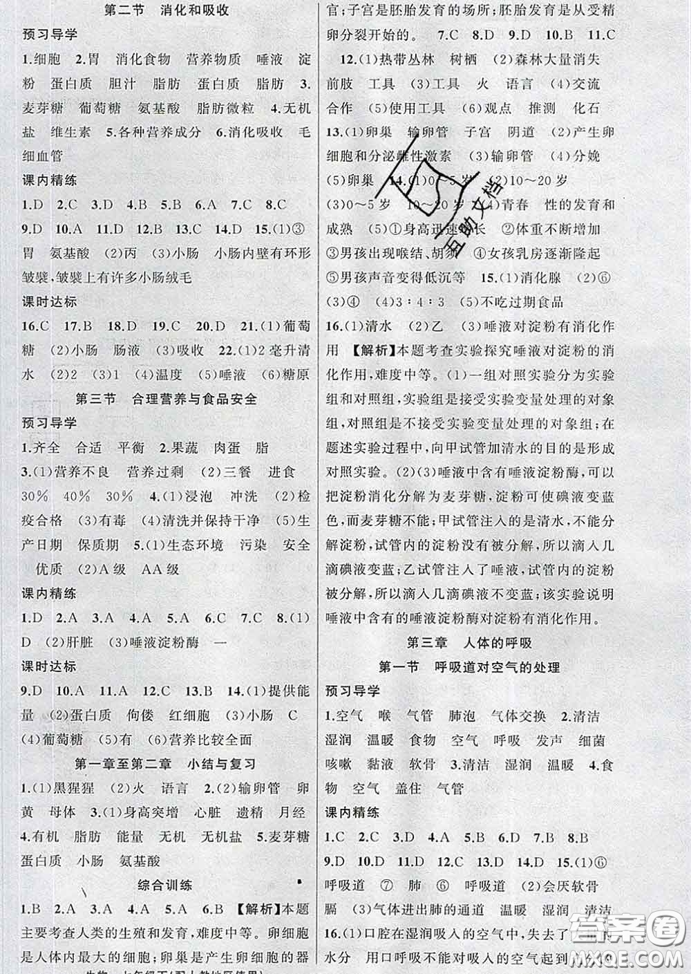 2020年黃岡金牌之路練闖考七年級生物下冊人教版答案