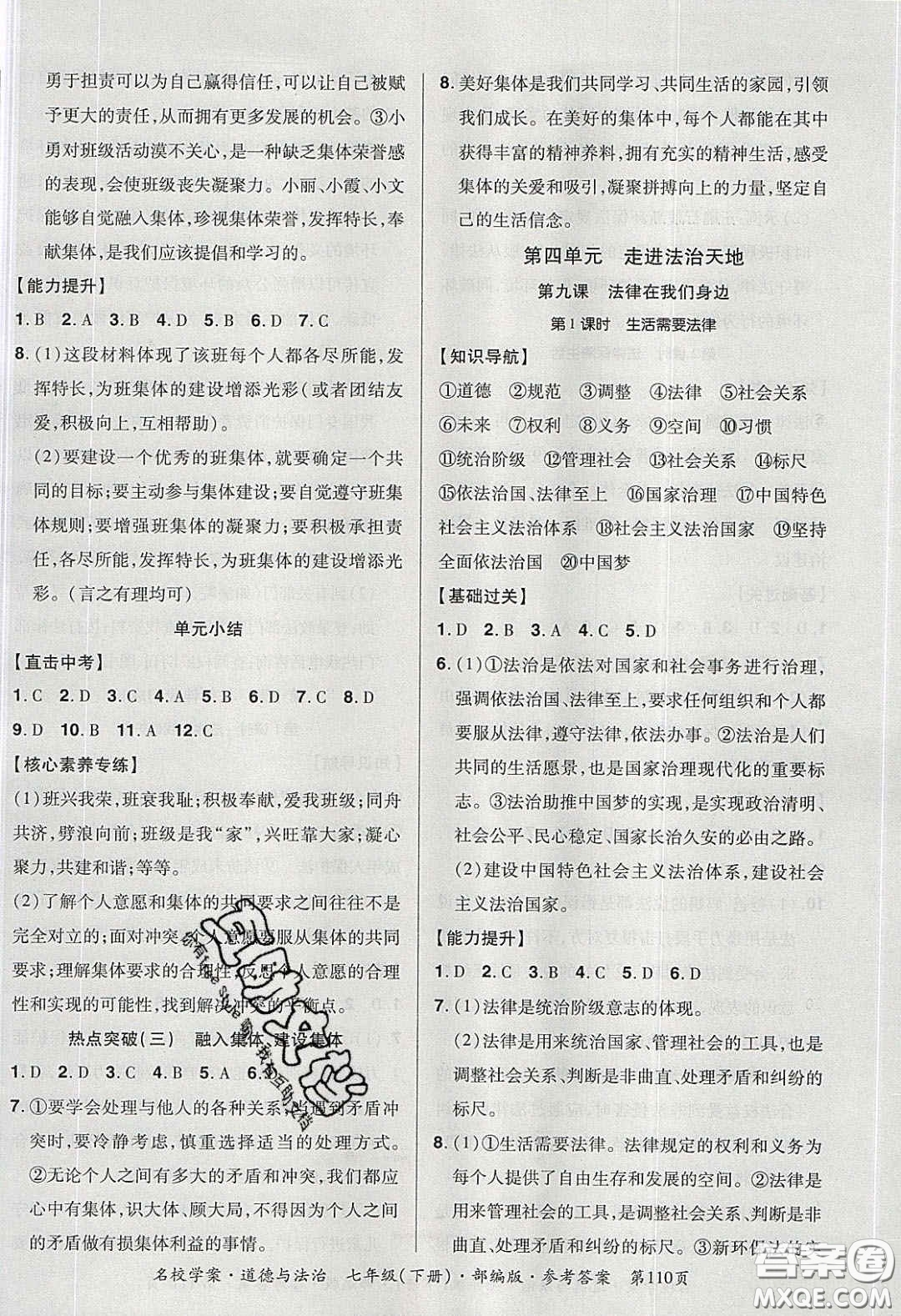 2020年國華作業(yè)本名校學案七年級道德與法治下冊人教版答案
