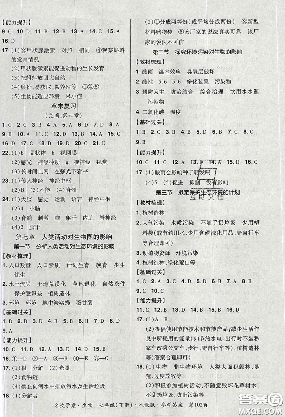 2020年國華作業(yè)本名校學(xué)案七年級生物下冊人教版答案