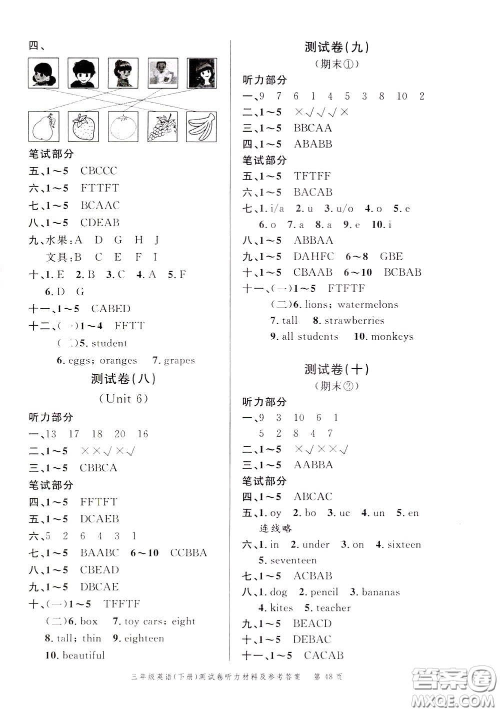 南粵學(xué)典2020年名師金典測試卷英語三年級下冊R人教版參考答案