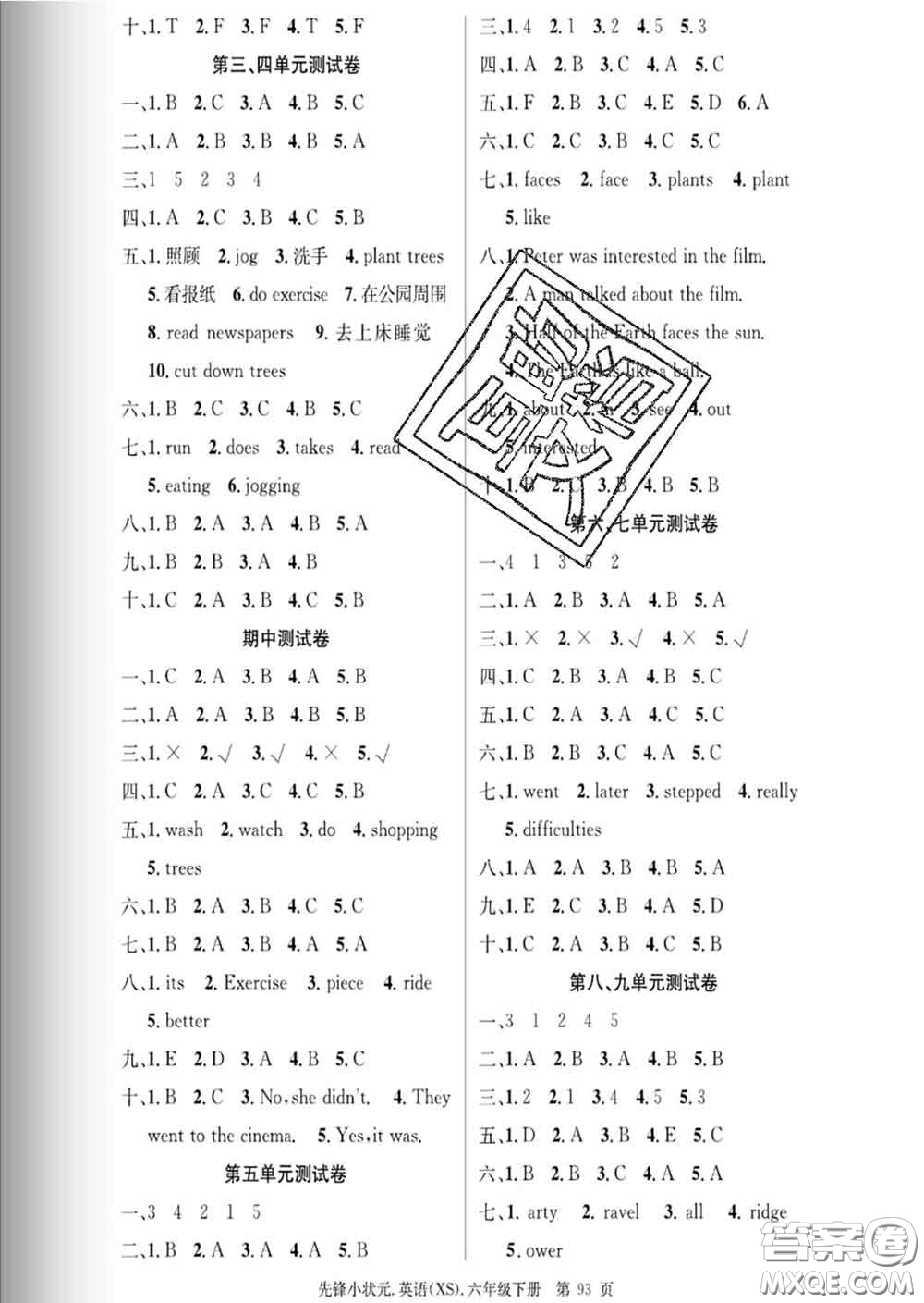 新世紀(jì)出版社2020新版先鋒小狀元六年級(jí)英語(yǔ)下冊(cè)湘少版答案