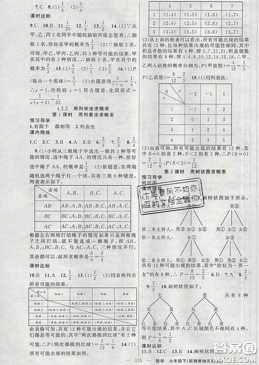 2020年黃岡金牌之路練闖考九年級數(shù)學下冊湘教版答案