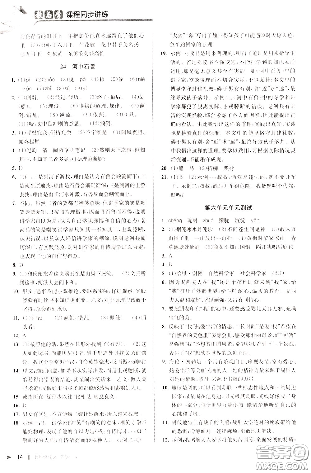 2020年教與學(xué)課程同步講練七年級語文下冊人教版參考答案