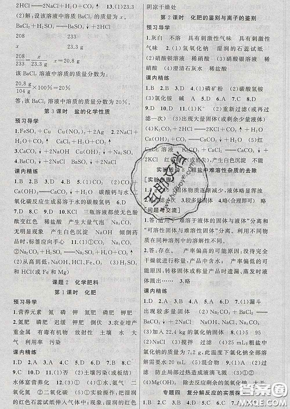 2020年黃岡金牌之路練闖考九年級化學下冊人教版答案