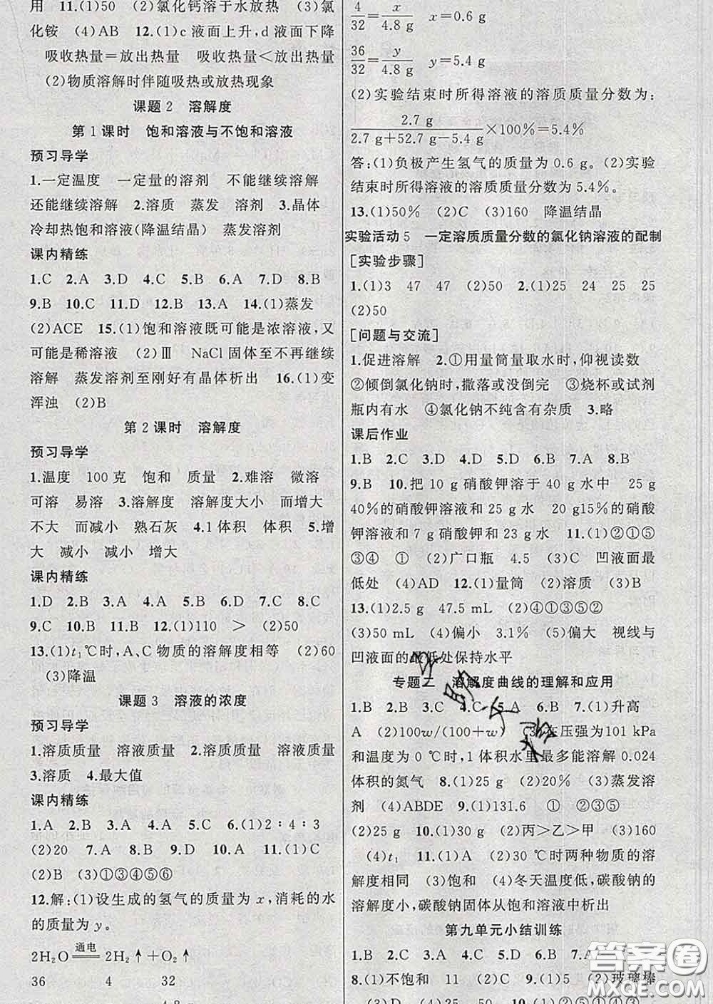 2020年黃岡金牌之路練闖考九年級化學下冊人教版答案