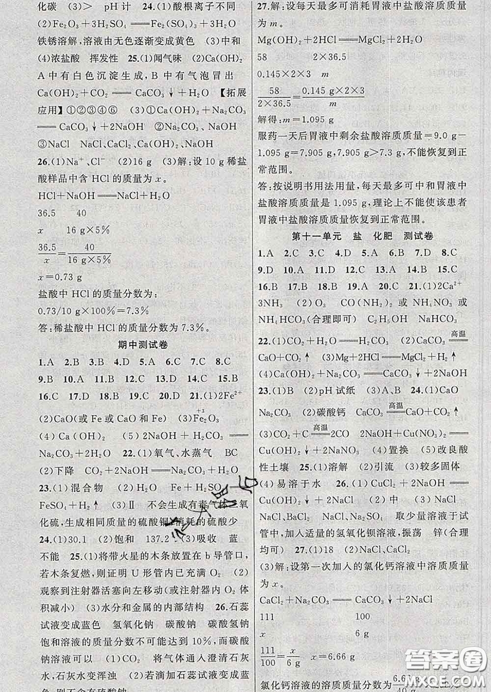 2020年黃岡金牌之路練闖考九年級化學下冊人教版答案