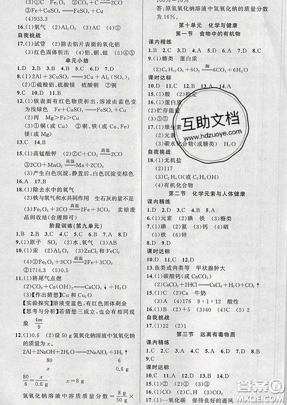 2020年黃岡金牌之路練闖考九年級(jí)化學(xué)下冊魯教版答案