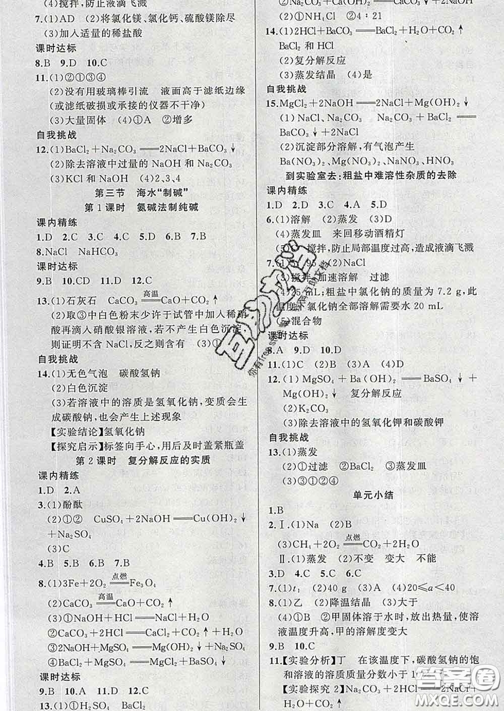 2020年黃岡金牌之路練闖考九年級(jí)化學(xué)下冊魯教版答案