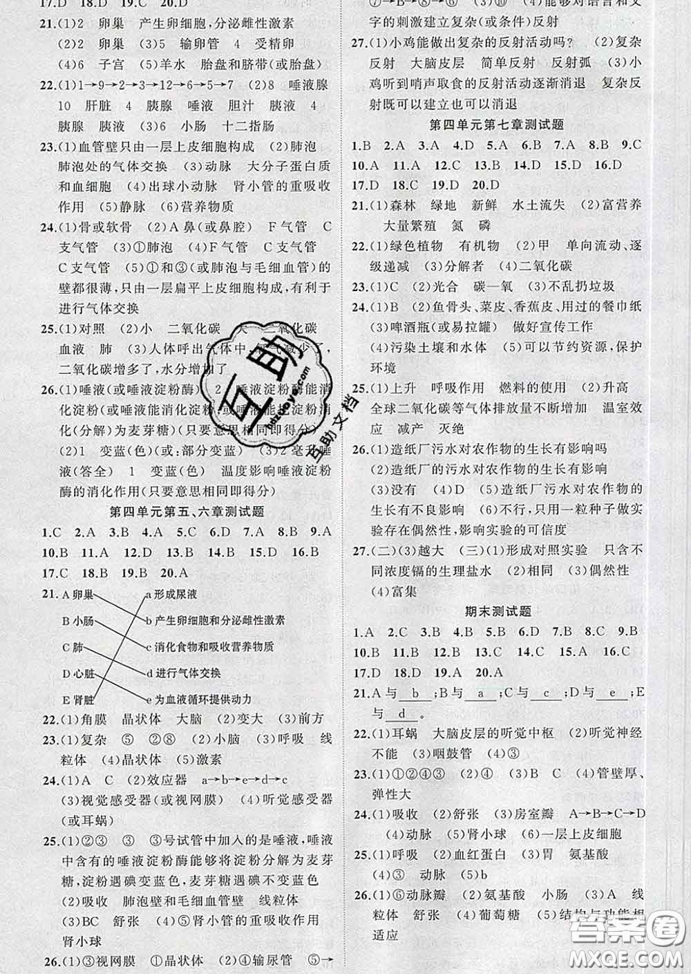 新疆青少年出版社2020春黃岡100分闖關(guān)七年級(jí)生物下冊(cè)人教版答案