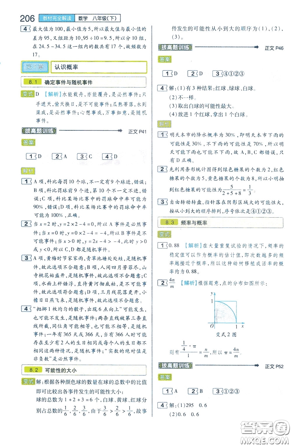2020年王后雄初中教材完全解讀八年級下冊數(shù)學SKSX蘇科版參考答案